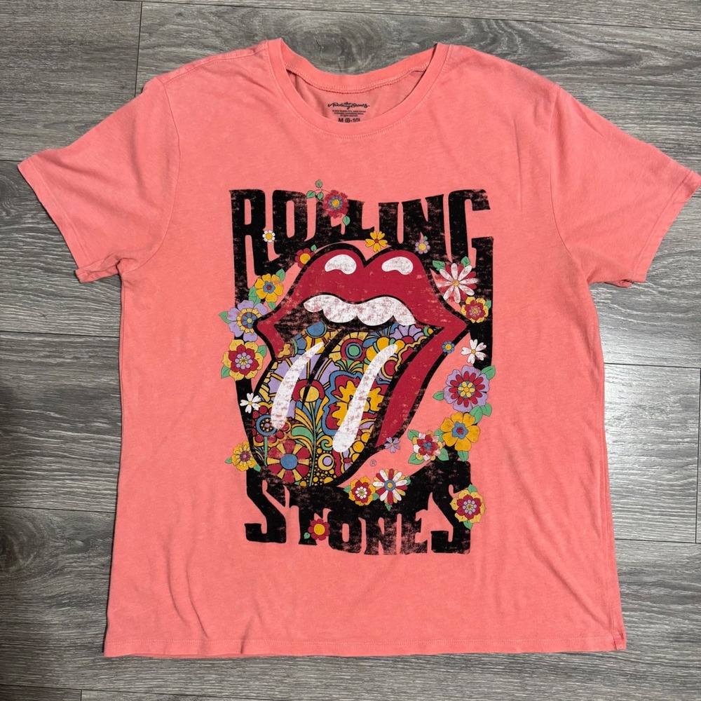 Rolling Stones Womens Floral Tongue Graphic T-Shirt Coral Pink Size M Concert